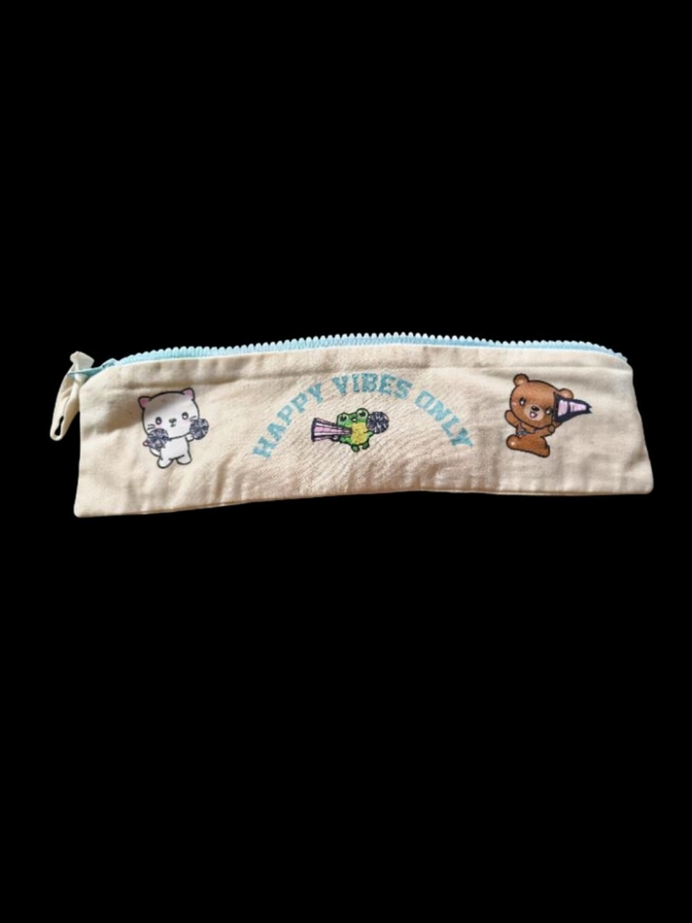 Happy Vibes Only Beige Pencil Case with Light Blue Zipper